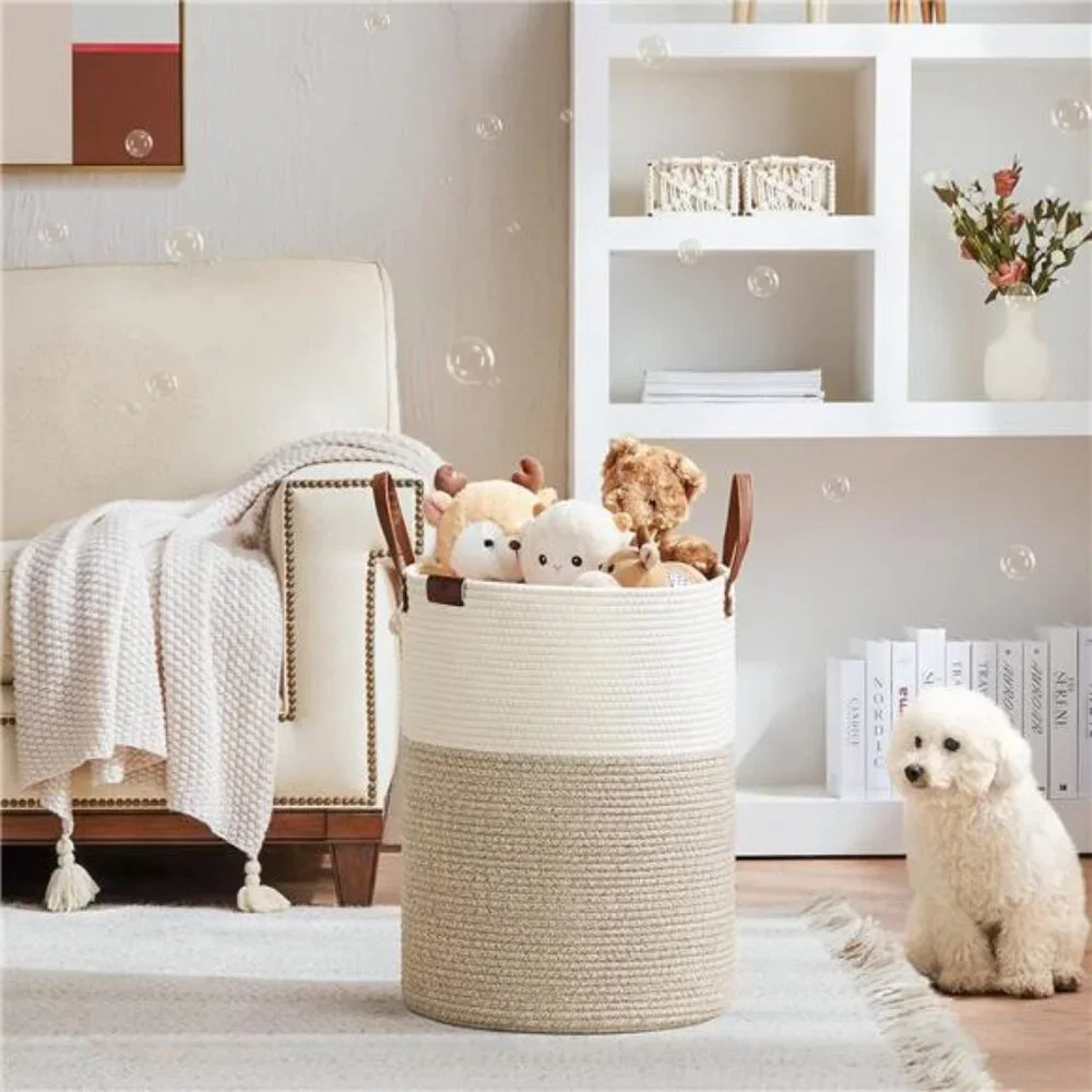 Tall Laundry Basket, Large Dirty Clothes Hamper with Leather Handle